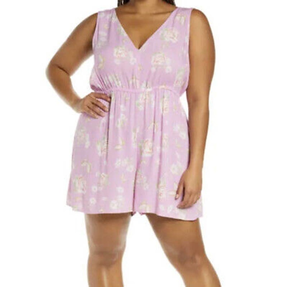 BP Women's Woven V Neck Romper Purple Anna Romper Floral Plus Size 1X NWT v6x